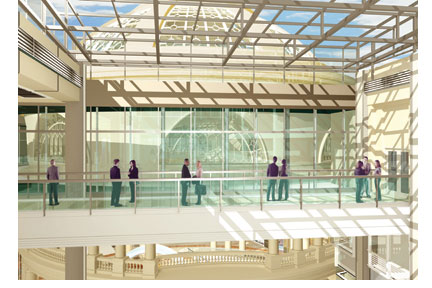 An architectural rendering of the 250-ton glass and steel dome overlooking the new location of SF State's Downtown Campus in the Westfield Centre.