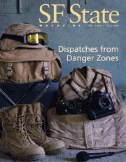 Fall/Winter 2006 SF State Magazine cover shows the boots, helmet and camera gear of a combat photographer