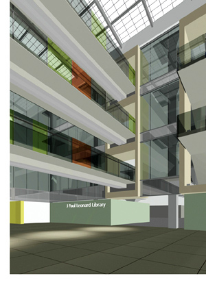 An architectural rendering of the inside of the future J. Paul Leonard Library