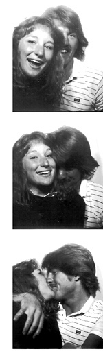 A three-part strip of photos taken in a photo booth during the 1980s. The images capture a couple in love smiling and kissing.