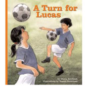 The cover of A Turn for Lucas which features an illustration of children playing soccer.