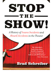 The cover of Stop the Show featuring a red curtain and an emcee announcing the book’s title via a large white balloon