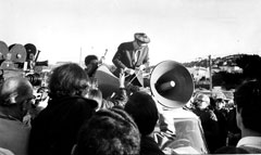 Photograph of then President Hayakawa disconnecting the strikers' sound system.