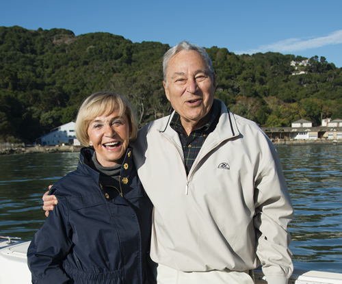 Photo of Barbara and Richard Rosenberg on a boat near the Romberg Tiburon Center. Photo by Toby Burditt.