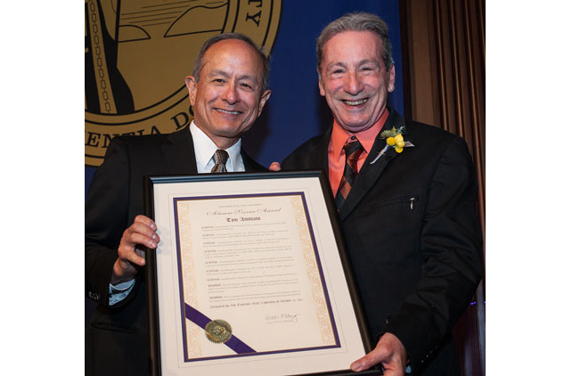 President Wong and Tom Ammiano holding Ammiano's Hall of Fame certificate