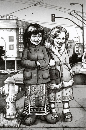Illustration from the book "The Diary of a Teenage Girl" showing two women in 1970s-style clothing on a street corner