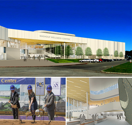 Architectural rendering of the Mashouff Wellness Center exterior and interior and Mashouf Wellness Center ground breaking ceremony with Manny Mashouf, Phoebe Dyeand and Les Wong