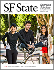 Cover of fall/winter 2015 SF State magazine with photo of Guardian Scholar students