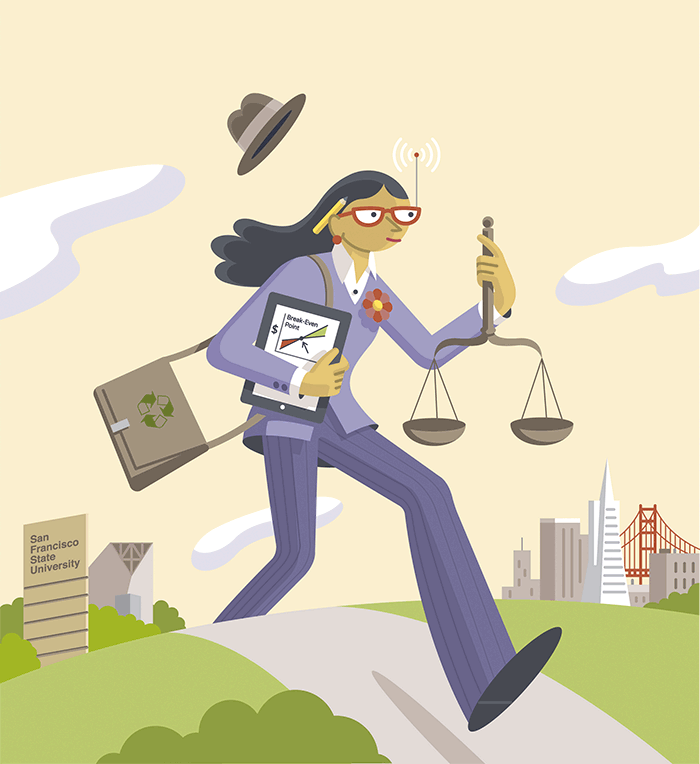 Illustration of a businesswoman walking from SF State to downtown San Francisco