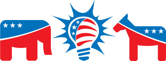 Graphic of a red, white and blue light bulb with a starburst around it
