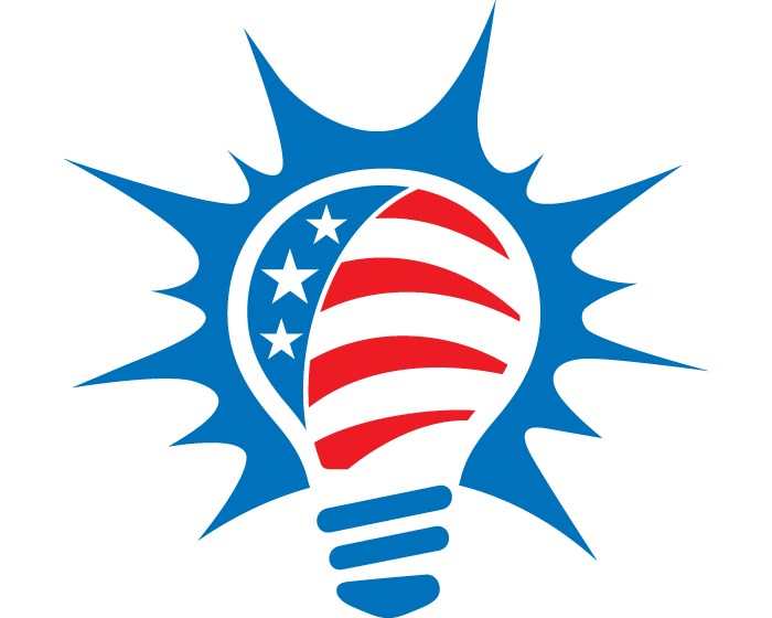 Red, white and blue lightbulb surrounded by a starburst