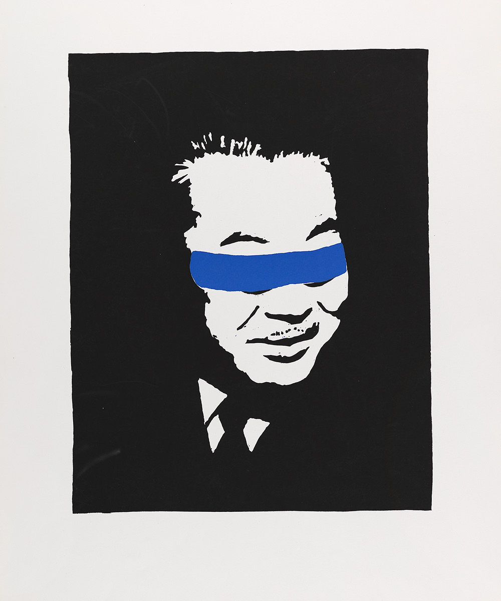 Poster of SFSU President Hayakawa with a blue blindfold