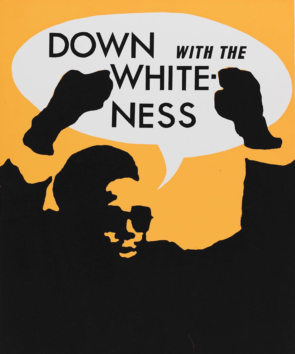 Poster of guy with speech bubble reading: Down with the white-ness