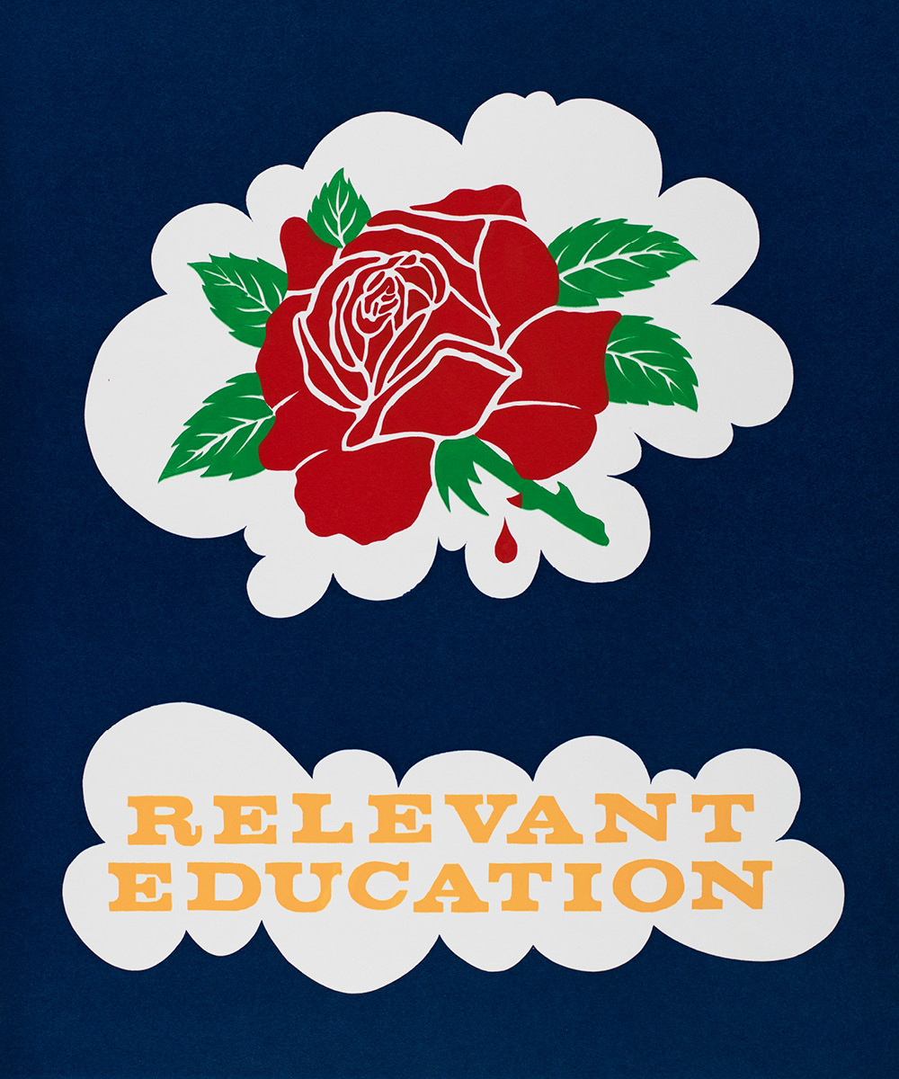 Poster of a rose dripping blood with text: Relevant Education