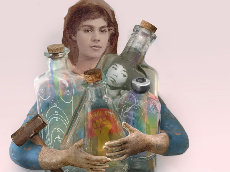 Collage of female figure holding a hammer and bottles with with symbols of women