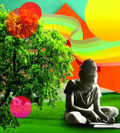 Illustration of woman writing under a tree with rainbow in background