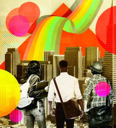 Illustration of three people walking with a city skyline and rainbow in background