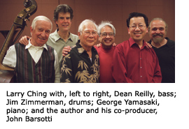 Larry Ching and his band members Dean Reilly, Jim Zimmerman, and George Yamasaki stand next to writer Ben Fong-Torres and his co-producer John Barsotti.