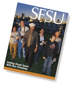 The cover of SFSU Magazine, Spring/Summer 2003, featuring Geography Professor Max Kirkeberg leading a walking tour through the city’s Alamo Square Park.