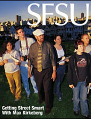 Cover of spring/summer 2003 magazine with Max Kirkeberg and students