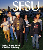 Cover of the spring 2003 SFSU magazine. Geography Professor Max Kirkeberg and students tour of San Francisco's Western Addition.