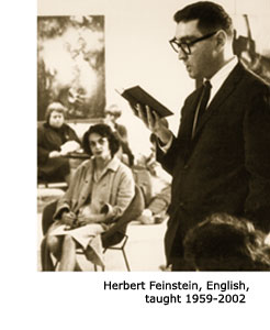 Former SFSU English Professor Herbert Feinstein reading aloud to his students from an open book in his hand. Feinstein taught at SFSU from 1959 to 2002.