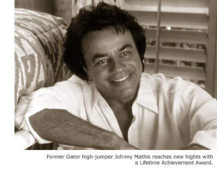 A black and white photo of SFSU alumnus Johnny Mathis smiling in a white button-down shirt.