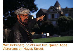 Geography Professor Max Kirkeberg in Alamo Square Park, pointing out two Queen Anne Victorian homes on Hayes Street.