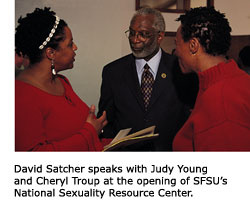 U.S. Surgeon General David Satcher chatting with two women, Judy Young and Cheryl Troup, at the opening of SFSU’s National Sexuality Resource Center.