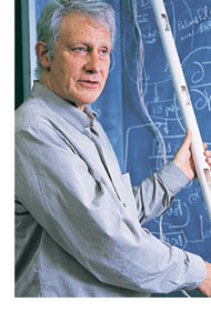 Professor Roger Bland holds up some measuring equipment in his lab.