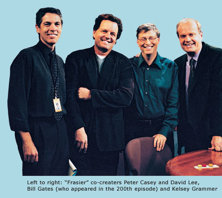 Frasier co-creator Peter Casey stands next to David Lee, Bill Gates and Kelsey Grammer.