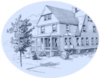 An illustration of a three-story house with a front porch.