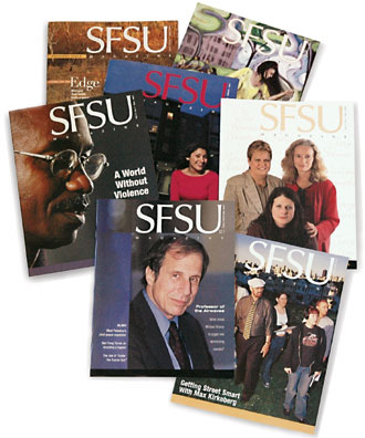 The covers of the past seven issues of SFSU Magazine.