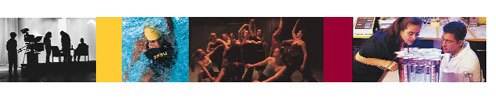 a band performing, a woman swimming, dancers dancing, and a professor assisting a student with research in a lab.