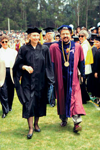Hillary Rodham Clinton and SF State President Robert A. Corrigan at the1995 commencement in Cox Stadium.