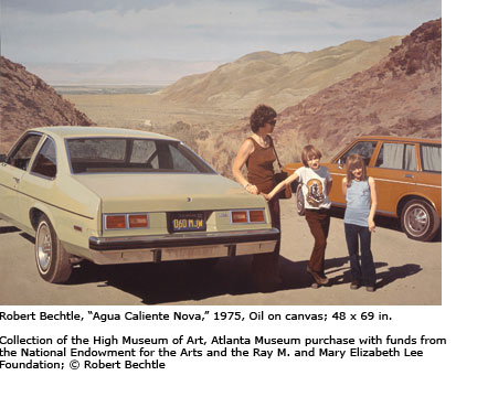 A painting of a family standing beside their car during a break on a roadtrip. The car is a pea green Nova. The mom and children are dressed in seventies-era clothing.