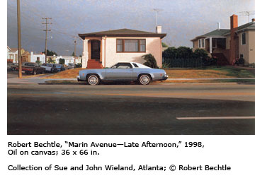 A painting by Robert Bechtle that shows a house on Marin Avenue with a seventies-ear car parked out front.