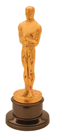 A large gold Oscar statuette.