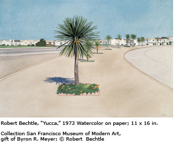 Robert Bechtle’s painting of a row of yucca trees lining the median of a California street.