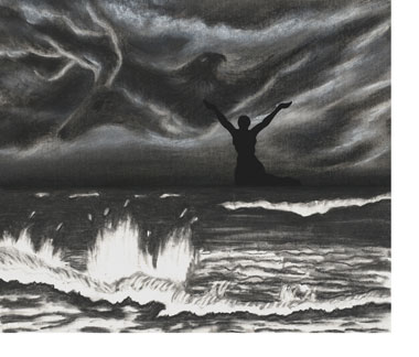 A shadowy female figure at the horizon line, with waves in the forground and clouds above forming a deer and a bird.