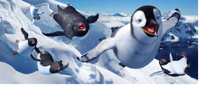 Penguins soar through the air in the animation feature, "Happy Feet."