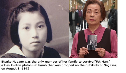 A young Etsuko Nagano looks up at the camera, unsmiling. Etsuko Nagano today, wearing a pink blouse and jumper, holds her childhood photograph.