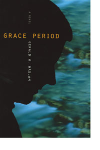 A black profile of a man set against a turquoise photo of a shorline on the cover of the book "Grace Period."