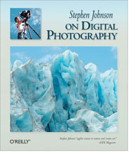 Photo of Stephen Johnson with his camera as well as a turquoise image of a glacier he photographed on the cover of his book "Stephen Johnson on Digital Photography. "