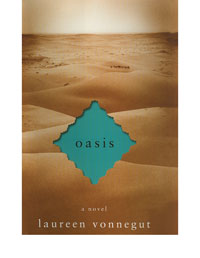 A photo of the dessert with a cut out turquoise diamond shape with the title of the book "Oasis."