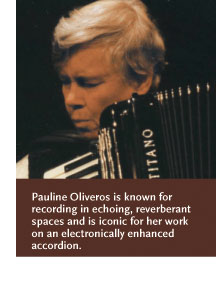 Eyes closed and intent on her music, Pauline Oliveros raises an accordian to her ear.