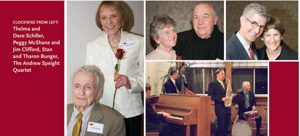 Three alumni couples pose for pictures. Photo of a jazz quartet, base, sax, drums and piano