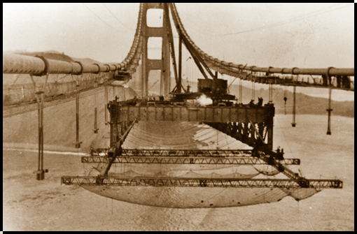 Photo of Golden Gate Bridge skeleton with safety net