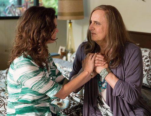 Jeffrey Tambor dressed as the transgender Maura in his new show Transparent. In this scene, Maura or Tambor is holding hands with her daughter when she 'comes out' to her.