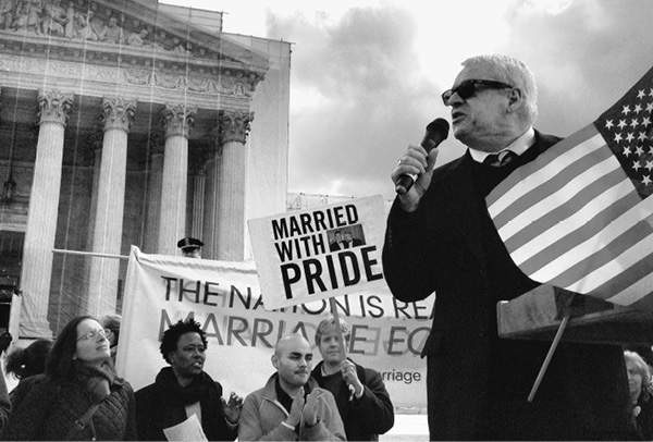 Cleve Jones, a seasoned activist protesting at the Supreme Court Building